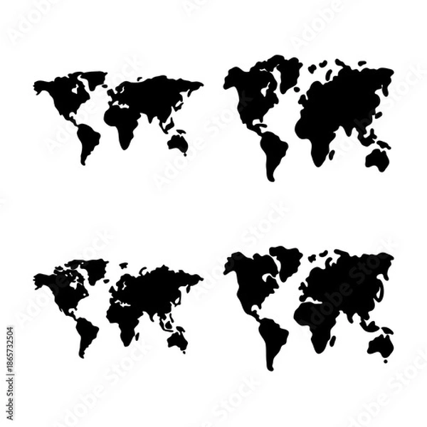 Obraz Four minimal black world map silhouettes vector design elements. Vector
