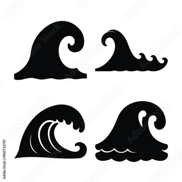 Obraz Stylized ocean wave silhouettes vector icons for water design elements. Vector