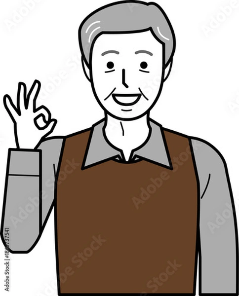 Fototapeta 正面向き。OKサインをするシャツとベストを着た高齢男性。