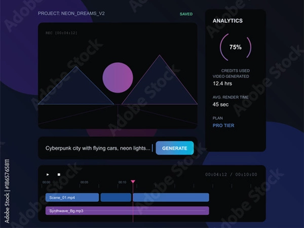 Obraz AI Video Generation Software UI with Timeline, Analytics & Prompt-Based Creation & &
