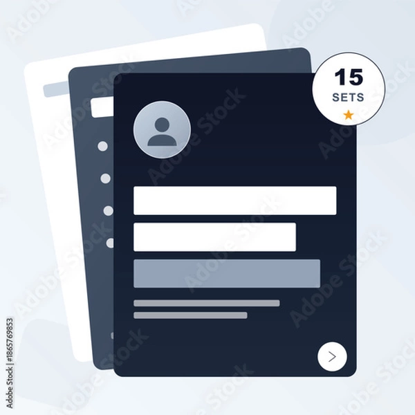 Obraz Modern User Profile Cards Stack with Account Data & 15 Sets Badge UI Design Elements & &
