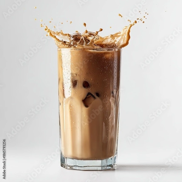 Obraz Iced coffee splashes dynamically from a glass, against a white backdrop