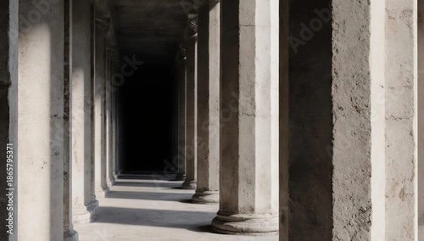 Obraz Concrete columns create a dark, long tunnel perspective, casting shadows