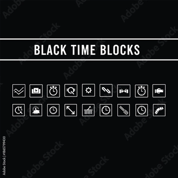 Obraz Black Time Blocks Stopwatch and Clock Square Icon Set