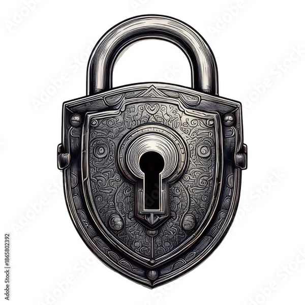 Obraz Intricate silver lock on a shield, dark background