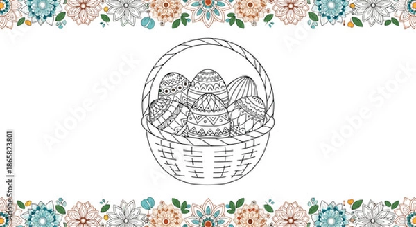 Obraz Hand drawn basket filled with patterned Easter eggs positioned between two horizontal floral borders on a white background.