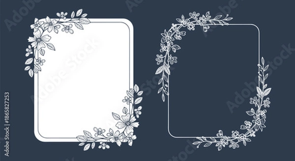 Obraz Two vertical rectangular frames featuring delicate white floral border illustrations against a dark charcoal blue background.