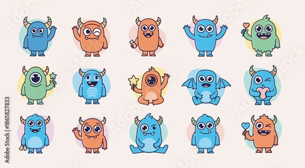 Obraz Cute mini monster set pack pose vector design.eps