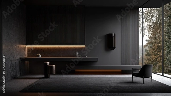 Obraz Dark modern interior design showcasing a minimalist kitchen.