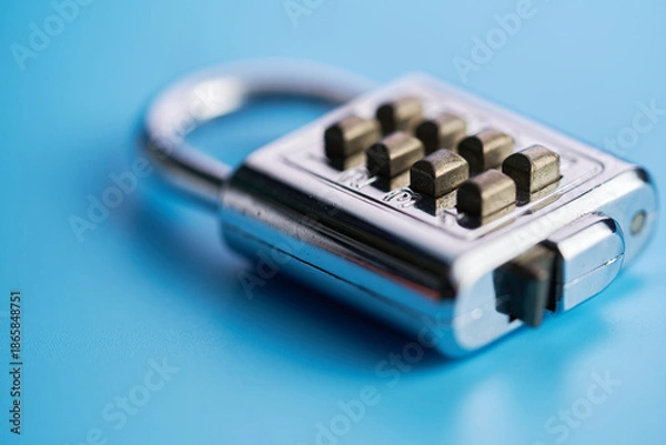 Obraz silver colored numberic lock against blue background