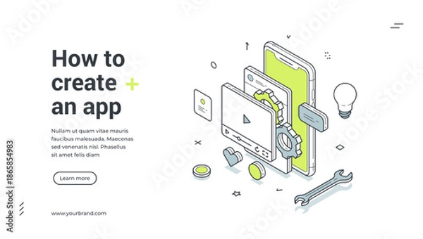 Fototapeta How to create in app learning DIY video tutorial isometric web banner design template vector illustration. Smartphone interface software development studying information technology digital programming