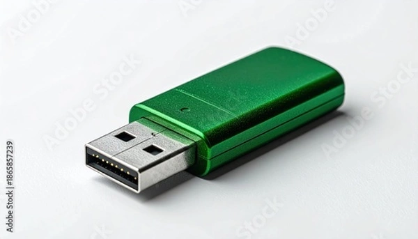 Fototapeta Green USB Flash Drive on White Background for Data Storage.