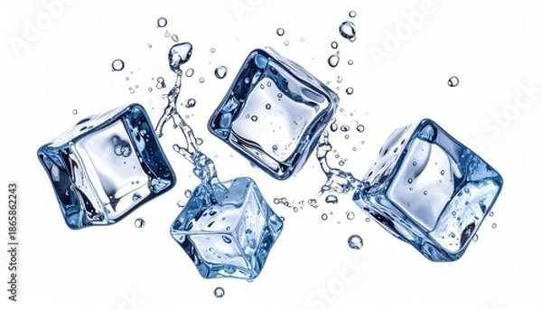 Obraz Four translucent ice cubes seemingly bursting with splashes and droplets