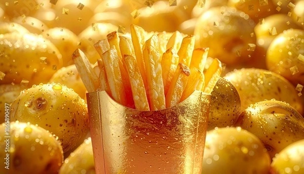 Obraz キラキラと光るフライドポテトとじゃがいもの高級ビジュアル generative ai
