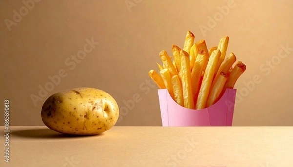 Obraz 生じゃがいもとピンクのパックに入ったフライドポテト　generative ai