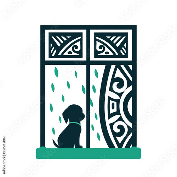 Obraz Puppy Looking Out Window in Rain with Tribal Pattern Vector