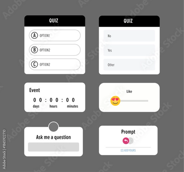 Fototapeta Interactive Quiz and Poll UI Stickers Set, Question, Voting and Engagement Interface Elements