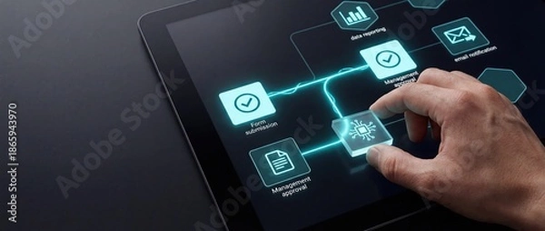 Obraz Digital Workflow Management: Hand Interacting with Touchscreen Interface for Business Automation