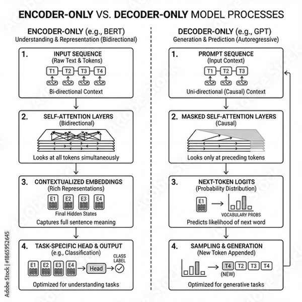 Obraz Encoder-Only vs. Decoder-Only Model Processes Infographic  