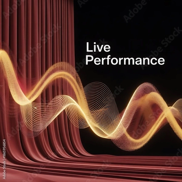 Fototapeta Red curtain with glowing yellow wave patterns and live performance text