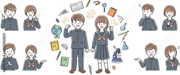 Fototapeta 制服姿の学生男女と文房具のイラストセット　表情・ポーズのバリエーション