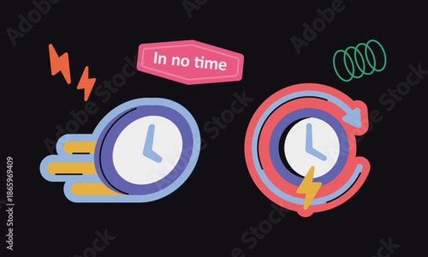 Obraz in no time のステッカーイラスト – 即時性とスピードを示すラベル表現