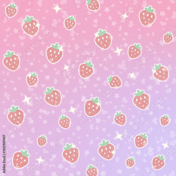 Obraz ゆめかわストロベリーのパステルグラデーション_デザインペーパー（ピンク）ー ピンク〜ラベンダーのグラデーションに、ハートと星がきらめくいちごモチーフ。デザインペーパー、シール帳の表紙、マスキングシールブックタイプ、フレークシール、ノートの表紙、ハンカチ、ミニタオルに最適。推し活グッズにも。