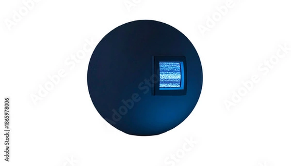 Fototapeta A floating sphere with a square window displaying static on a black backdrop