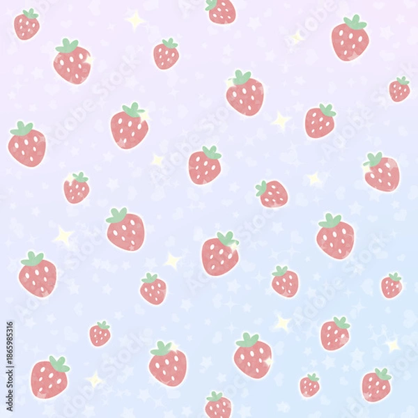 Obraz ゆめかわストロベリーのパステルグラデーション_デザインペーパー（ブルー）ー ラベンダー〜ブルーのグラデーションに、ハートと星がきらめくいちごモチーフ。デザインペーパー、シール帳の表紙、マスキングシールブックタイプ、フレークシール、ハンカチ、ミニタオルに最適。推し活グッズにも。