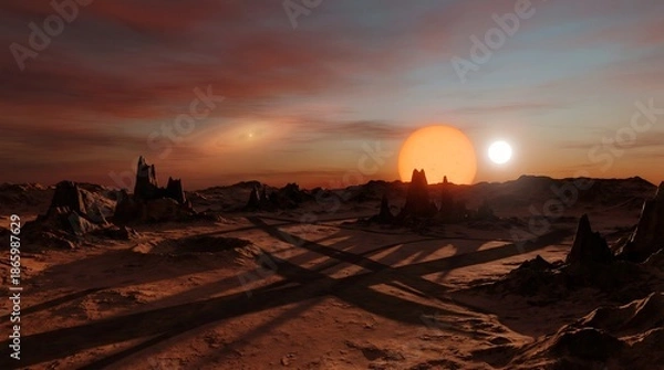 Fototapeta Alien landscape with binary suns casting long shadows over rugged terrain under a dramatic sky