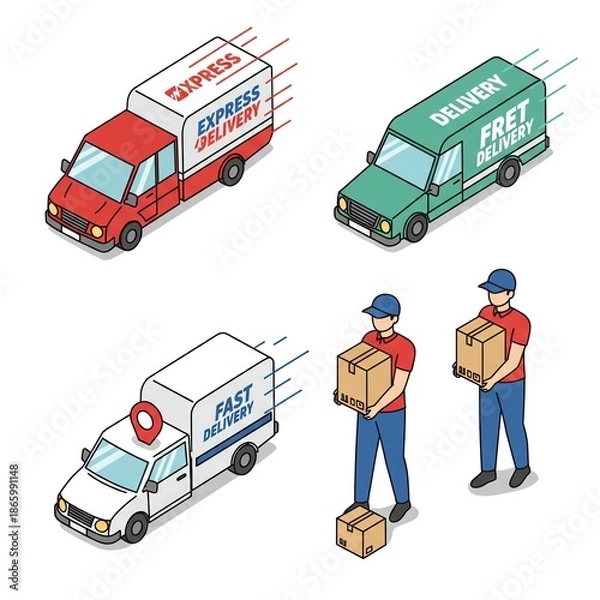 Obraz Delivery trucks and workers with boxes