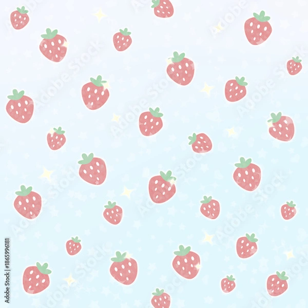 Obraz ゆめかわストロベリーのパステルグラデーション_デザインペーパー（ミントグリーン）ー ブルー〜ミントグリーンのグラデーションに、ハートと星がきらめくいちごモチーフ。デザインペーパー、シール帳の表紙、マスキングシールブックタイプ、フレークシール、ノートの表紙、ハンカチ、ミニタオルに最適。推し活グッズにも。