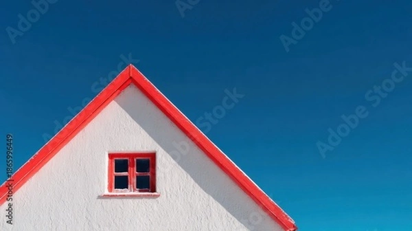 Obraz White triangular rooftop, red trim, centered window against a clear blue sky