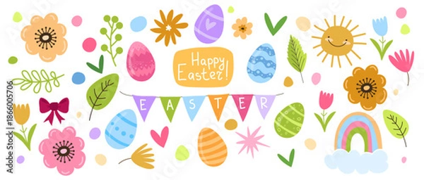 Obraz Easter Vector Clip Art Collection with Eggs and Floral Elements, Spring Flowers.