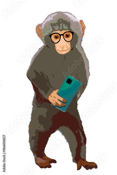 Obraz Intelligent looks cute Monkey with smartphone