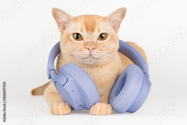 Obraz A ginger cat with wireless headphones