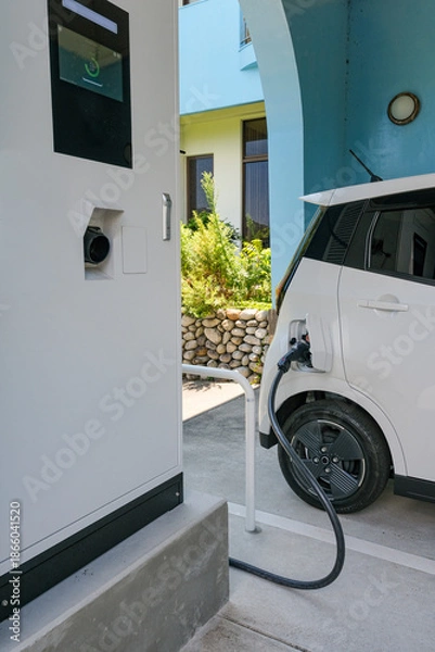 Obraz 充電中のEV車と急速充電設備