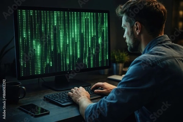 Obraz Man using computer with digital green binary matrix on screen