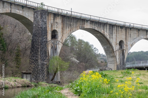 Obraz 春の公園とアーチ型の鉄道橋