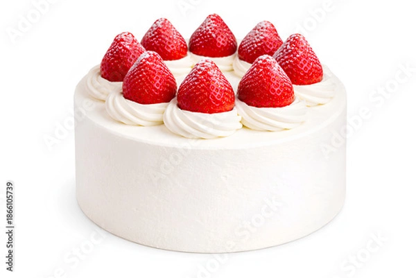 Obraz 白背景に孤立した日本風いちごショートケーキの全体像で、なめらかな生クリームに包まれ、艶やかで美しい丸ごとの苺が上に整然と飾られた上品でクラシックな洋菓子デザート