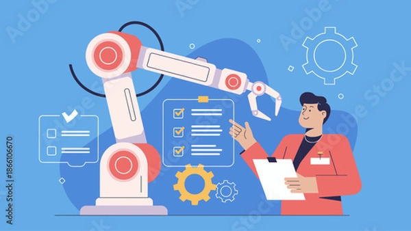 Obraz engineer with a checklist programming a robotic arm flat vector illustration 