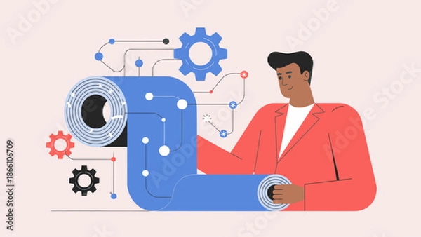 Obraz man holding a technical blueprint with a process workflow flat vector illustration