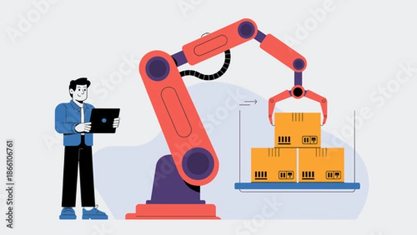 Obraz engineer with a tablet controlling a robotic arm stacking boxes vector illustration 