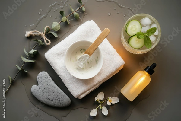 Obraz Luxurious flat lay featuring spa essentials with soothing textures and refreshing elements