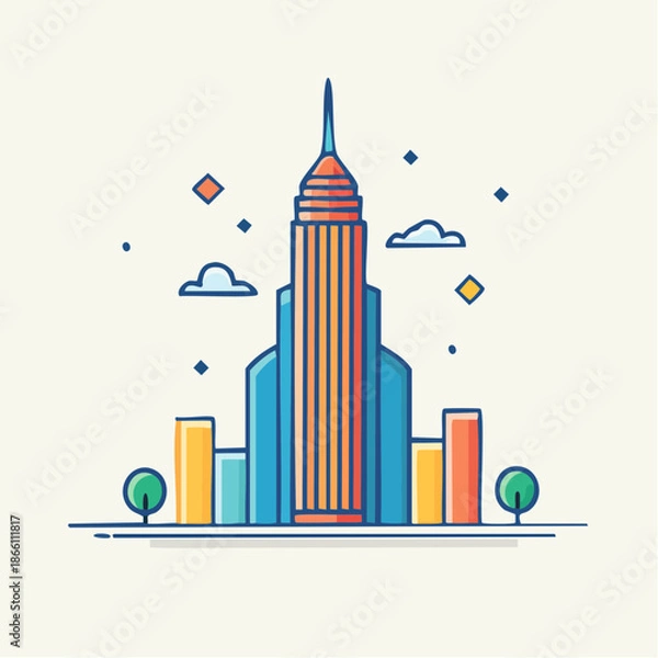 Obraz Stylized Skyscraper Building Surrounded by Smaller Structures Trees and Clouds in a Flat Design Style