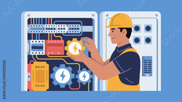 Obraz electrician working on an electrical control panel flat vector illustration