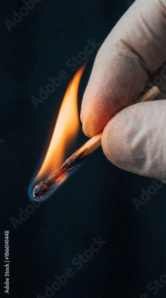 Obraz Igniting flame on matchstick held by gloved hand in dramatic dark background