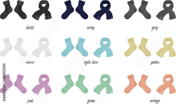 Obraz 毛糸の靴下とマフラーのセット カラーバリエーション 9色セット