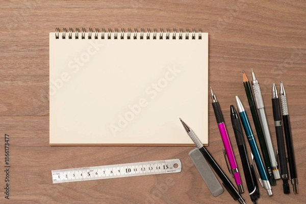 Fototapeta 無地のリングノートとシャーペンや鉛筆と定規