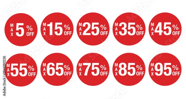 Obraz "MAX5%OFF" から "MAX95%OFF" までの文字入りマークのセット　円形　背景透過　赤
